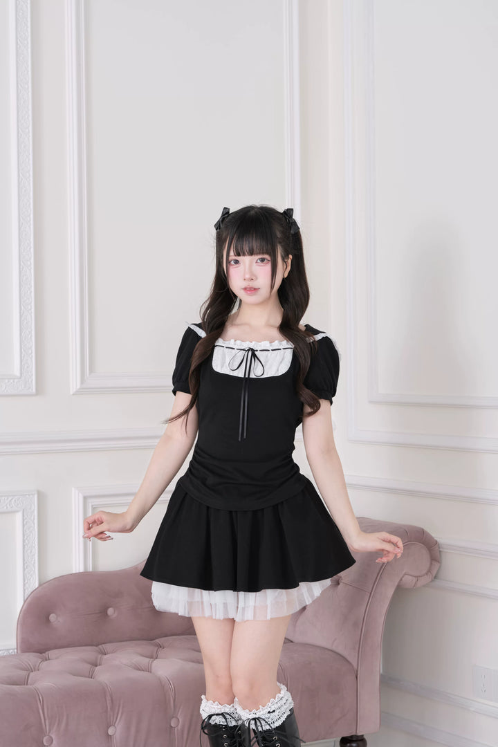 Jirai Kei Hoodie Top & Skirt Set, Tulle Hem 44941:829942