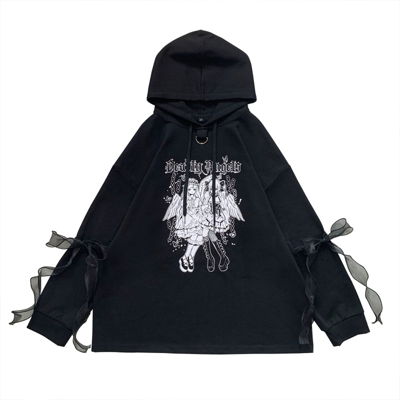 Jirai Kei Hoodie Black Top Angel Printed Hoodie Lace Up (M S / Black) 37572:562994 (M S / Black) 37572:562994