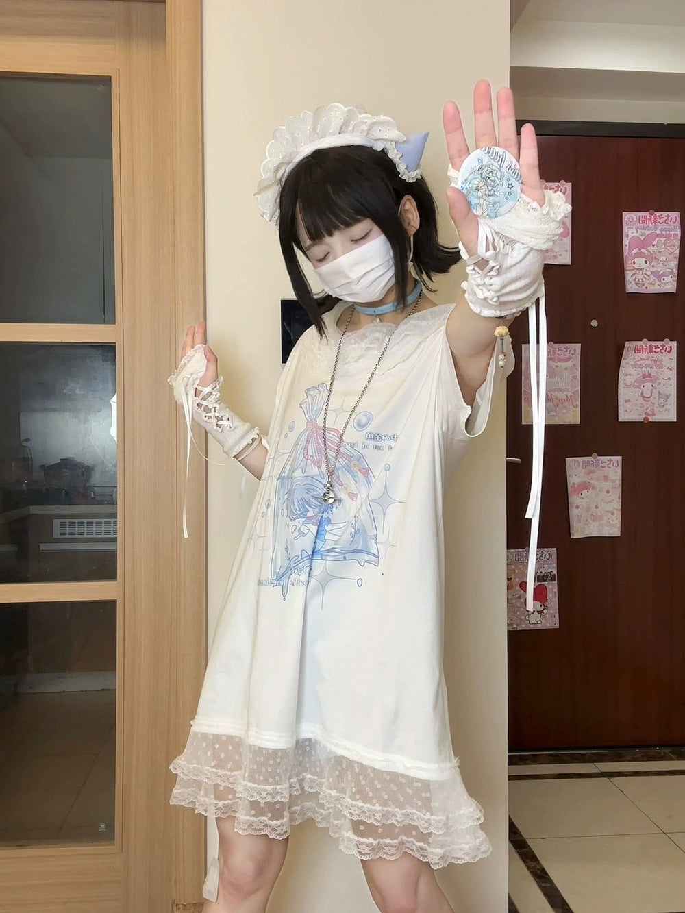Tenshi Kaiwai Cotton Long T-Shirt, Lace Hem 43687:782924