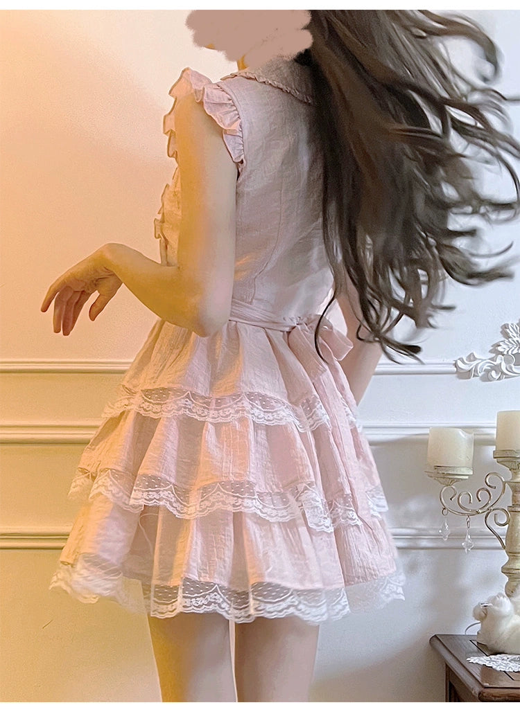 Sweet Style Lace Trim Dress, Tiered Ruffles 43546:779181