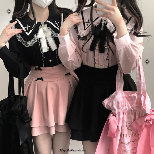 Jirai Kei Blouse Sailor Collar Shirt Cross Lace Long Sleeve Blouse (Pink) 36780:537454
