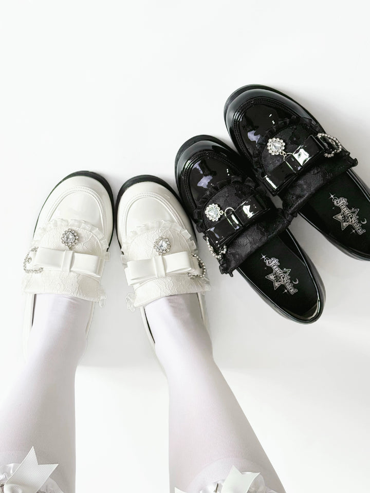 Jirai Kei Low-Heel Loafer Shoes, Rhinestones & Bow 43944:790322