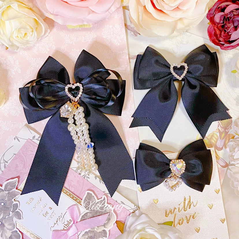 Jirai Kei Black Hair Clip Heart Rhinestone Bow Hair Clip 33798:449898