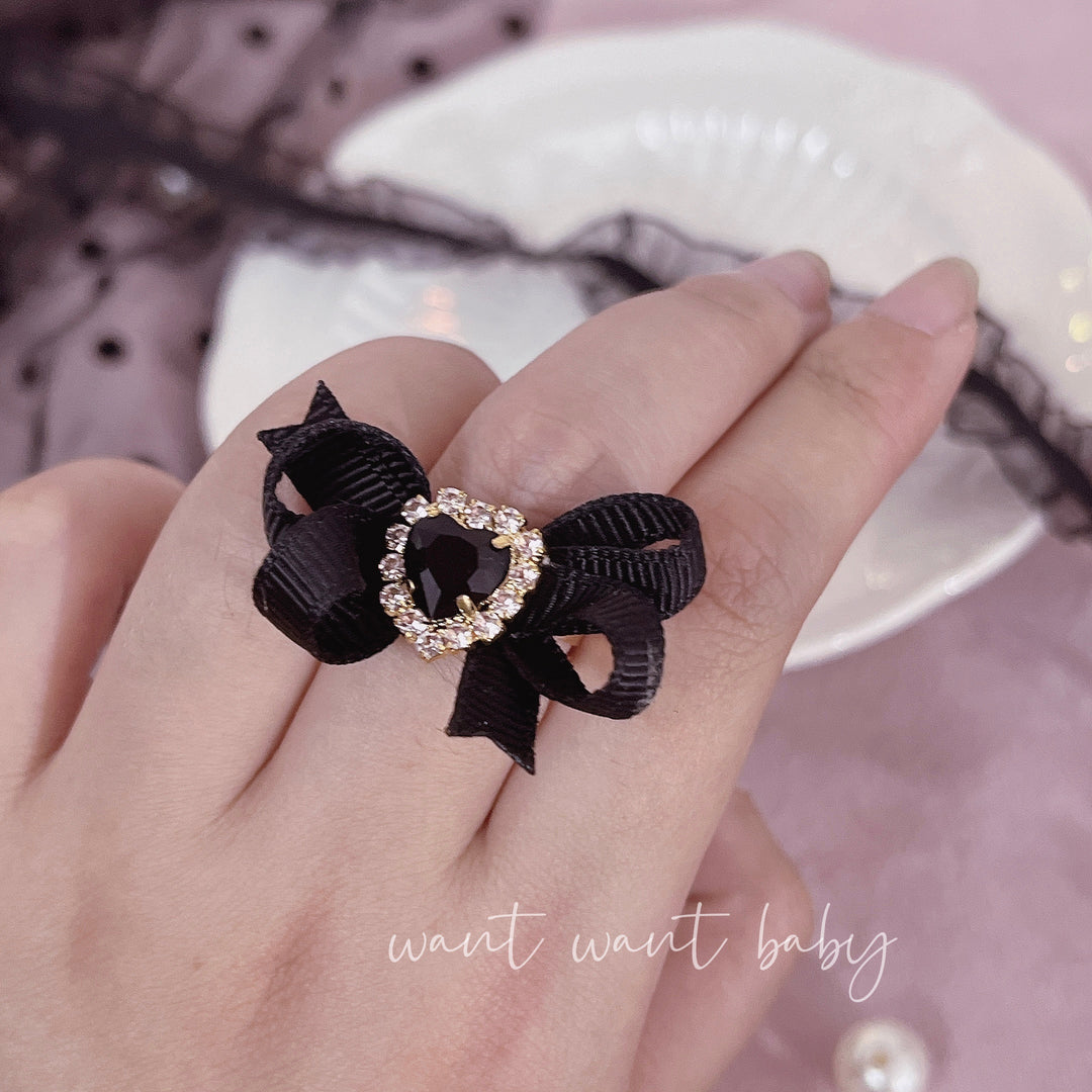 Jirai Kei Lolita Sweet Cool Heart Rhinestone Open Ring (Black) 21760:312902