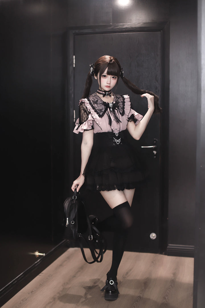 Jirai Kei Lace Sleeve Blouse, Ruffle Details 45194:841373