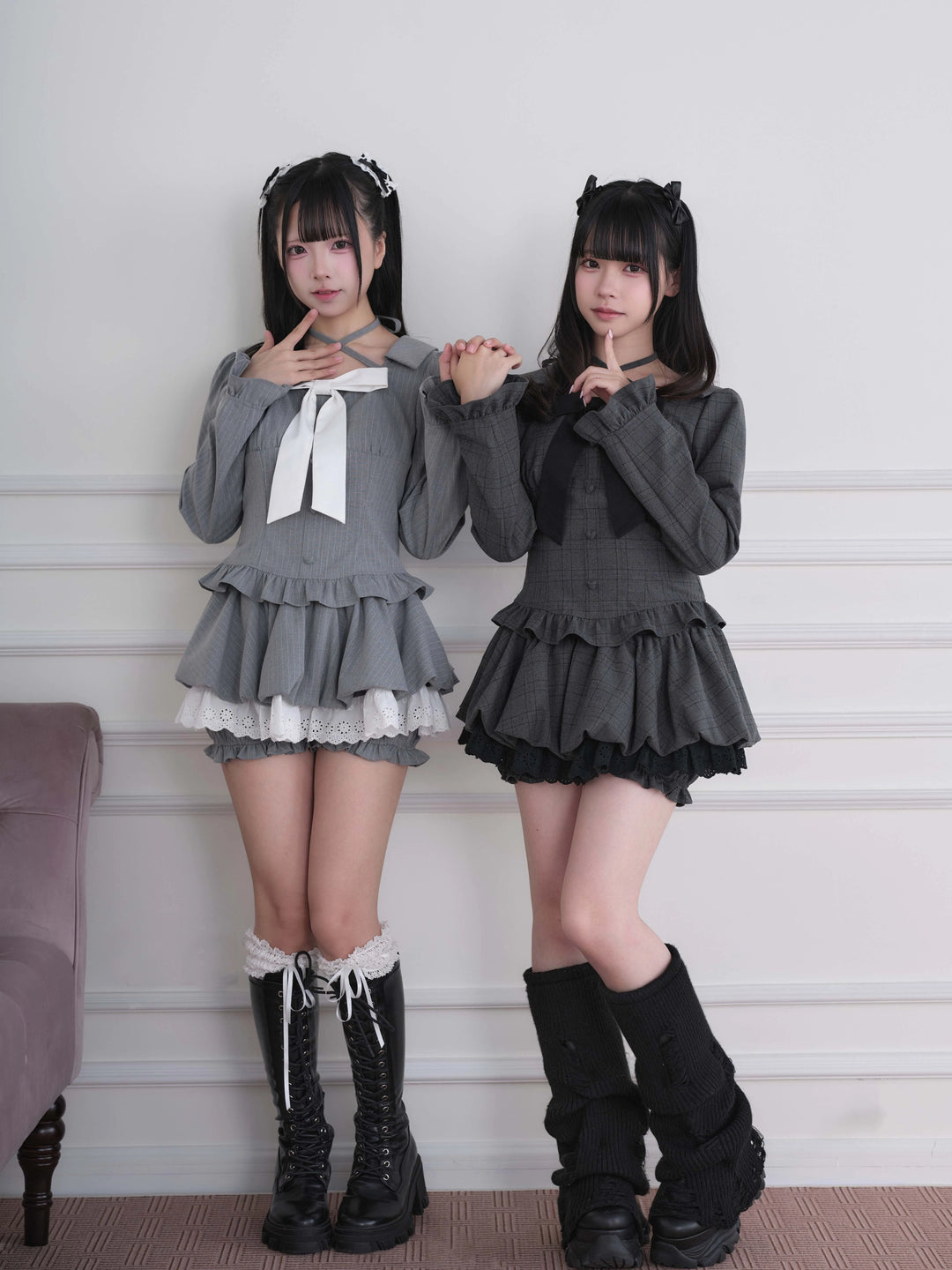 Ryousangata Plaid/Striped Dress & Shorts Set, Chest Big Bow 46031:873218