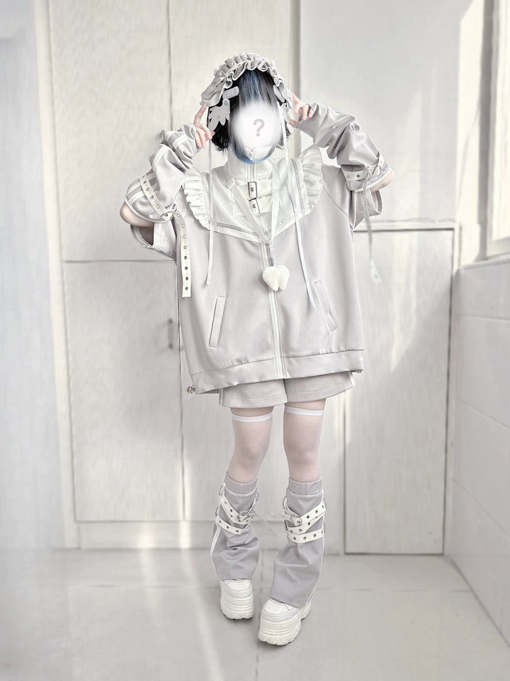 Jirai Kei Outfits Set Gray Black Jacket And Shorts Set 35728:502690