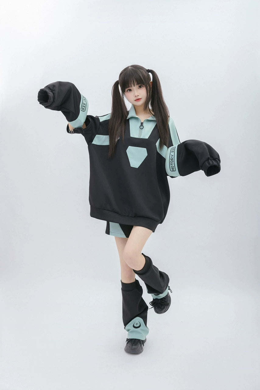 Jirai Kei Blue Black Sweatshirt Shorts Leg Warmers Loose-fit Set 29166:356900