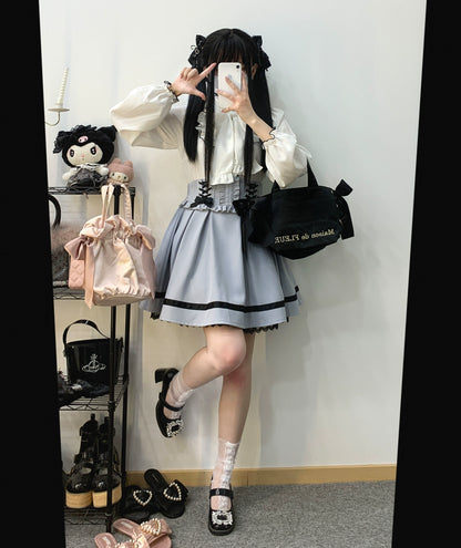 Jirai Kei White Black Blouse Lace Standing Collar Long Sleeved Shirt 31852:372696