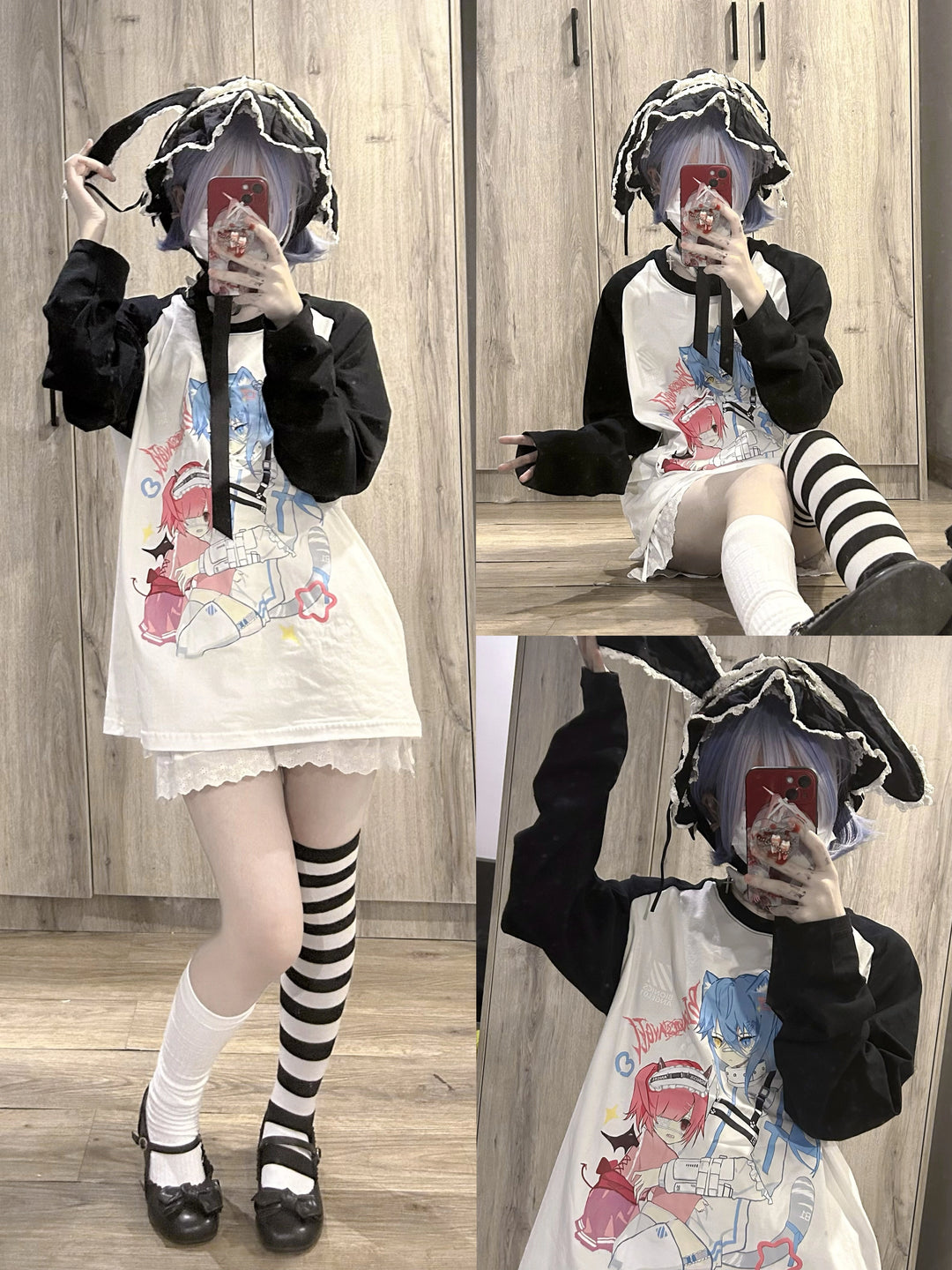 Kawaii Black-white Pink-apricot Shirt 29212:343498 29212:343498