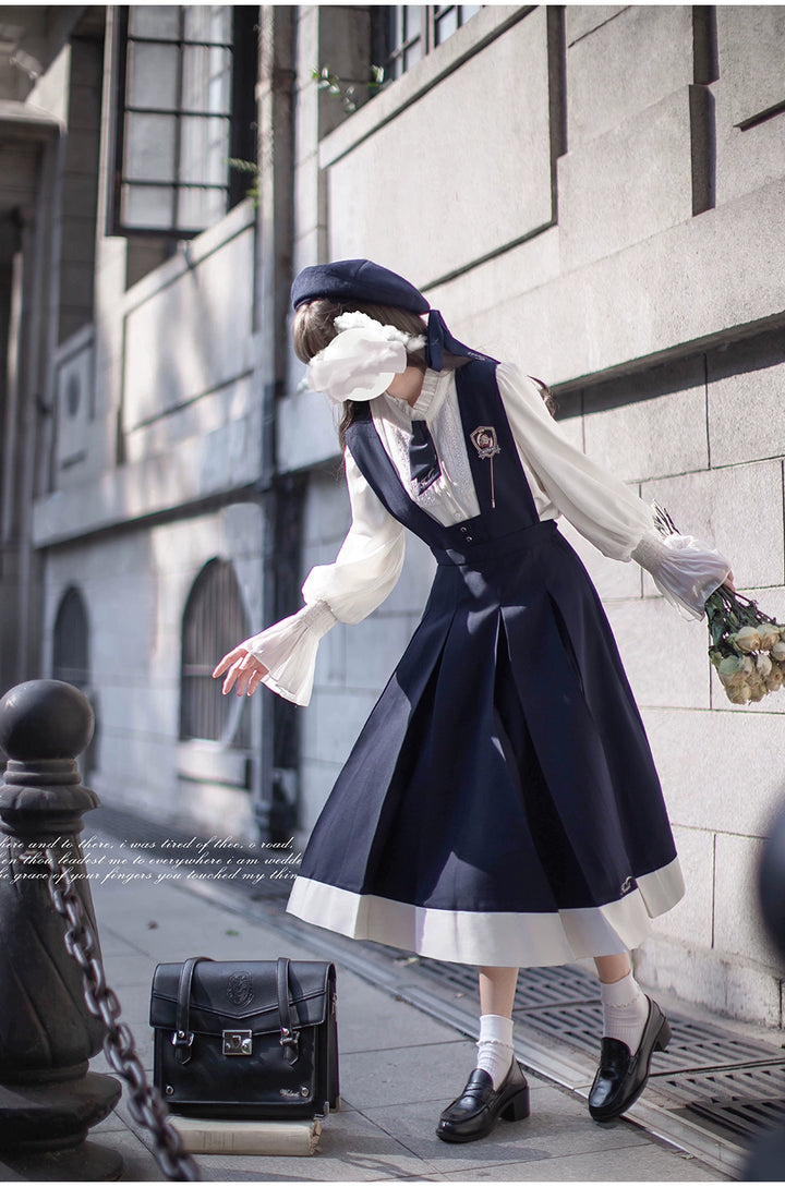 Navy Preppy Style Jumper Dress + Chiffon Blouse 41452:779242