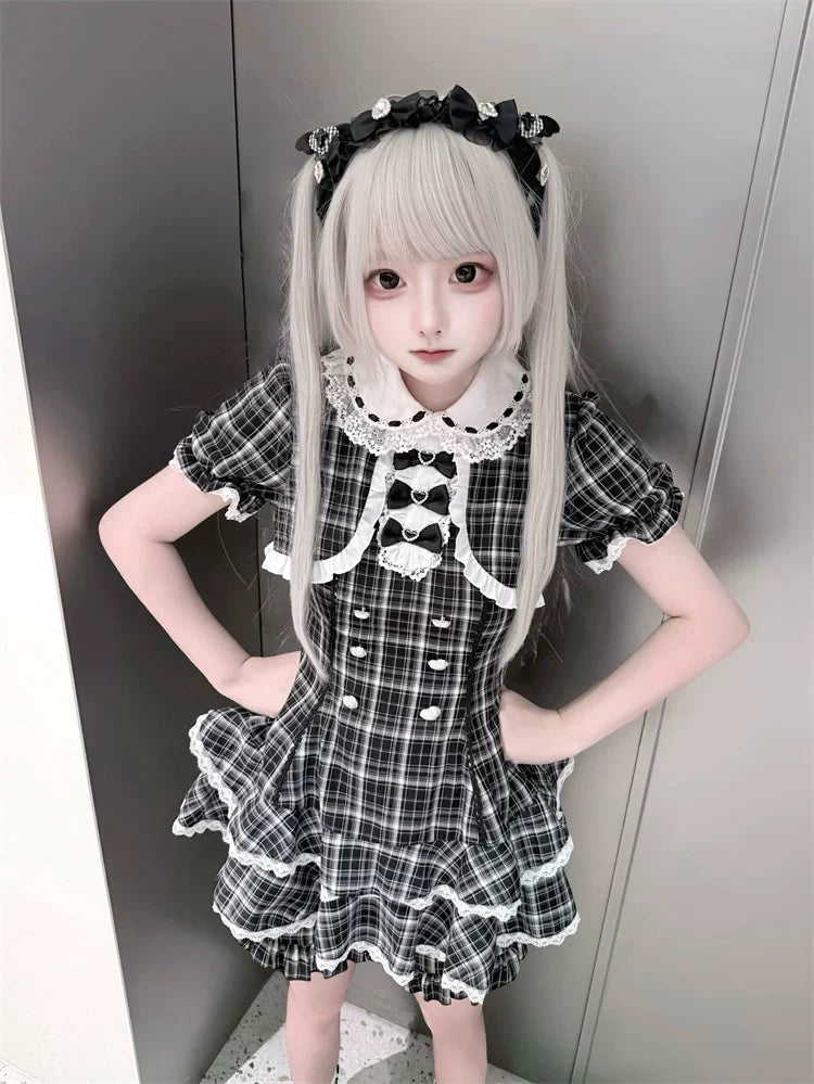 Plaid Jirai Kei Dress Set, Peter-pan Collar 45568:853314