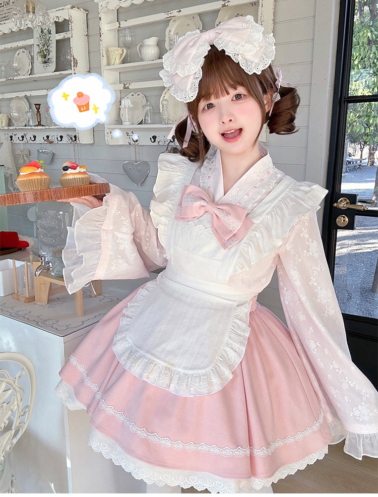 Kawaii Outfit White Maid Blouse And Pink Skirt With Apron (Apron Blouse Skirt / L M S) 42283:735271