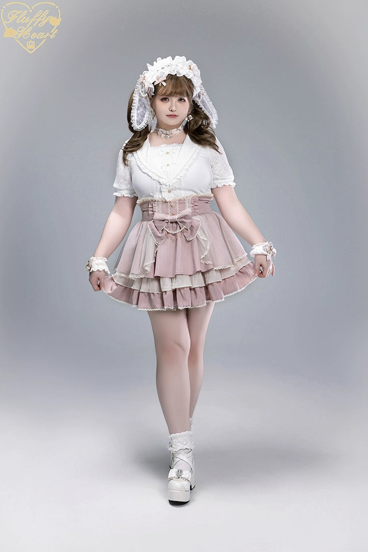 Striped High Waist Jirai Kei Skirt, Detachable Bow 43679:785990