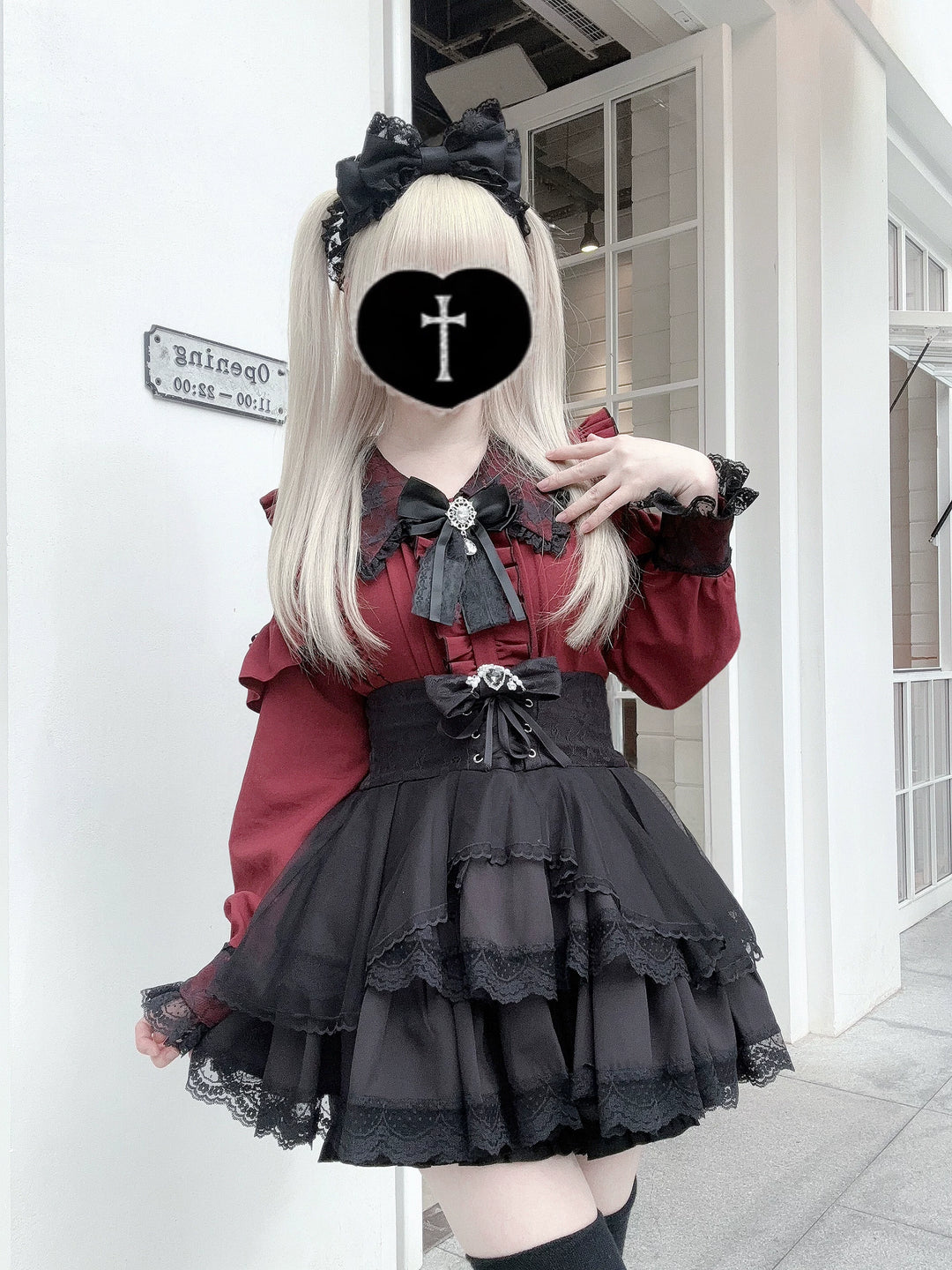 Jirai Kei Long Sleeve Blouse, Lace Overlay and Heart Buttons 44589:815129