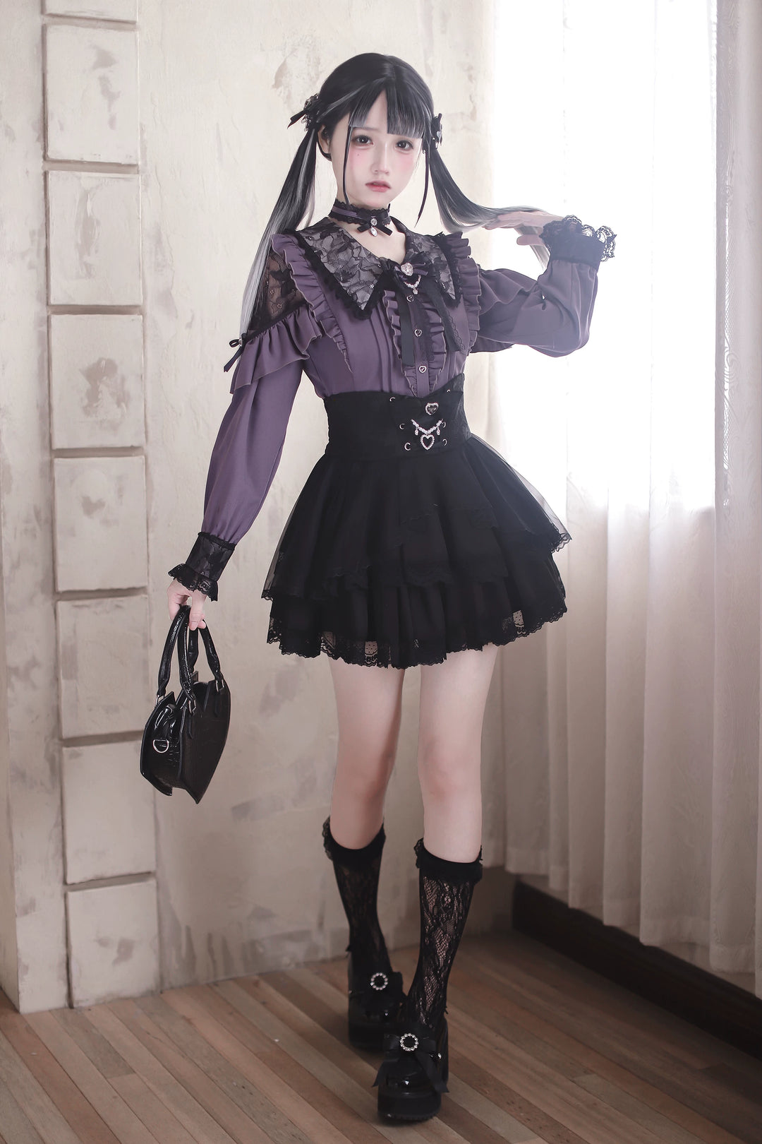 High-waist Jirai Kei Skirt, Pearl & Rhinestone Accents 44782:826641