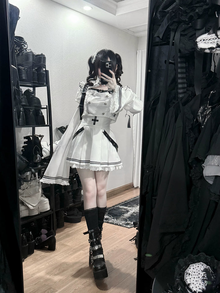 Black-and-White Gothic Top and Skirt Set, Belt & Lace 46072:874678
