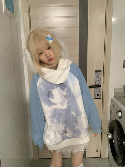 Jirai Kei Blue Sweatshirt Anime Girl Printed Sweatshirt 33326:430966
