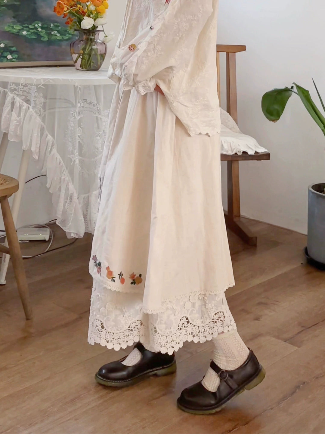 Mori Kei Skirt Sweet Retro Linen Embroidered Long Skirt 41802:714110