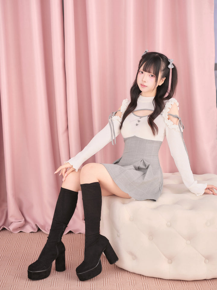 Jirai Kei Open Shoulder Plaid Dress, Chest Cutout 45957:869807