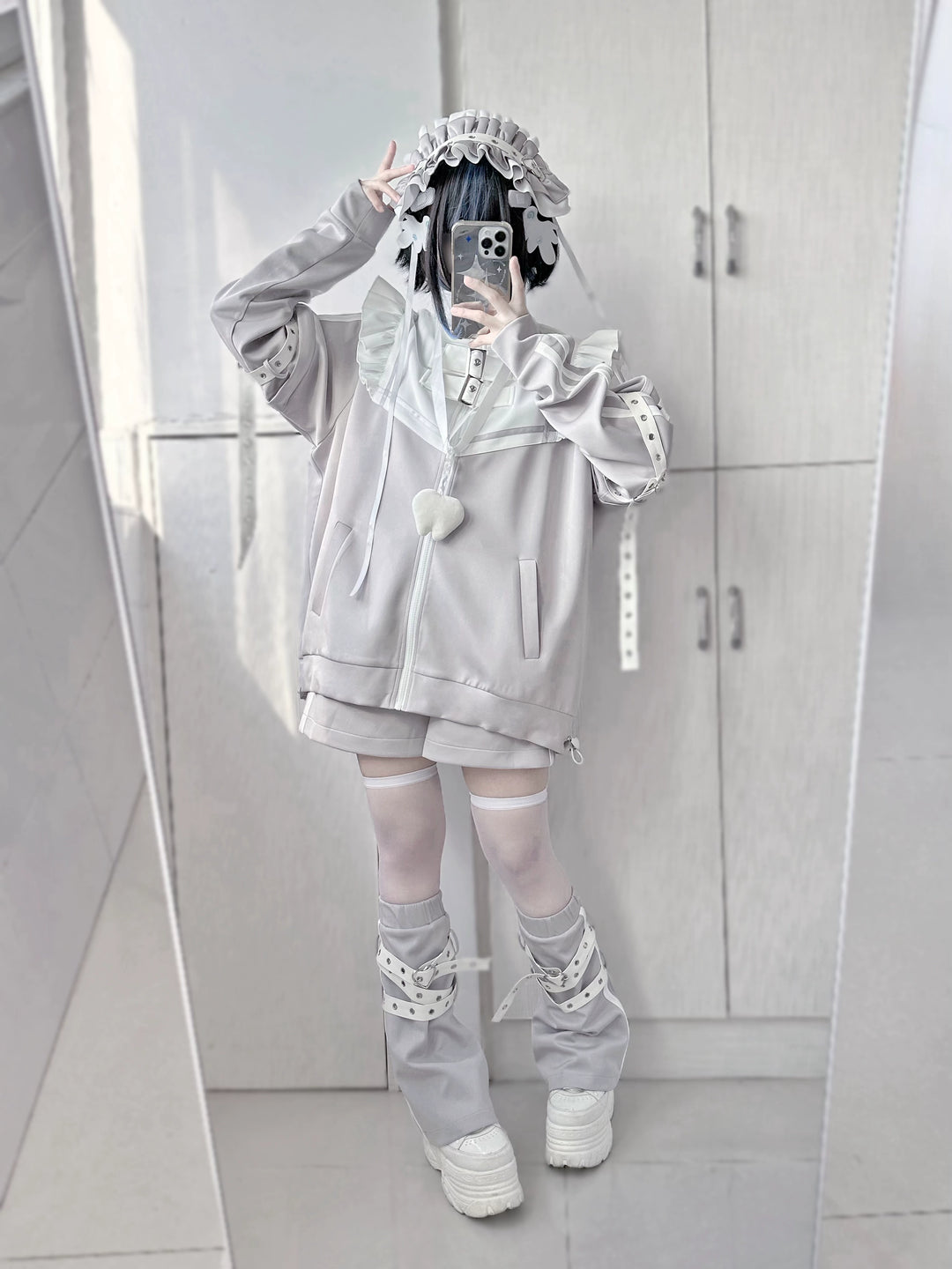 Jirai Kei Outfits Set Gray Black Jacket And Shorts Set 35728:502666 35728:502666