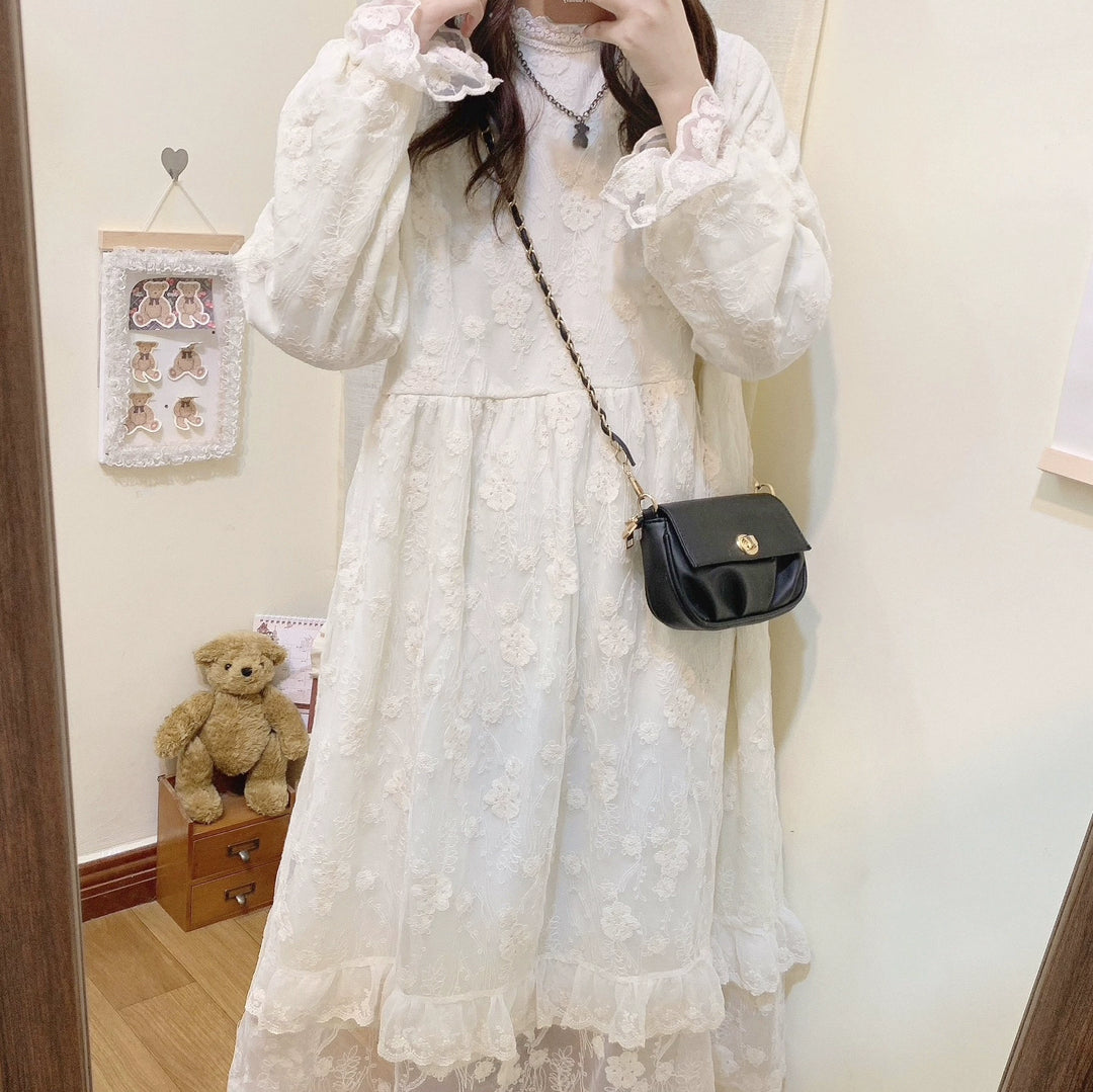 Mori Kei Dress Lace Long Sleeve Fleece-Lined Dress 39434:635828