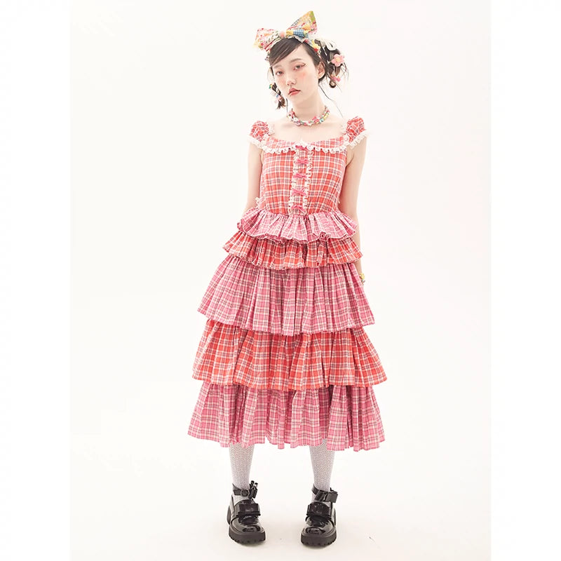 Sweet Lolita Dress Pink Plaid Dress Kawaii Layered Dress (Pink / M S) 36166:543362
