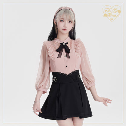 White Pink Jirai Kei Blouse Sheer Lace Shirt with Rhinestone 32914:403898