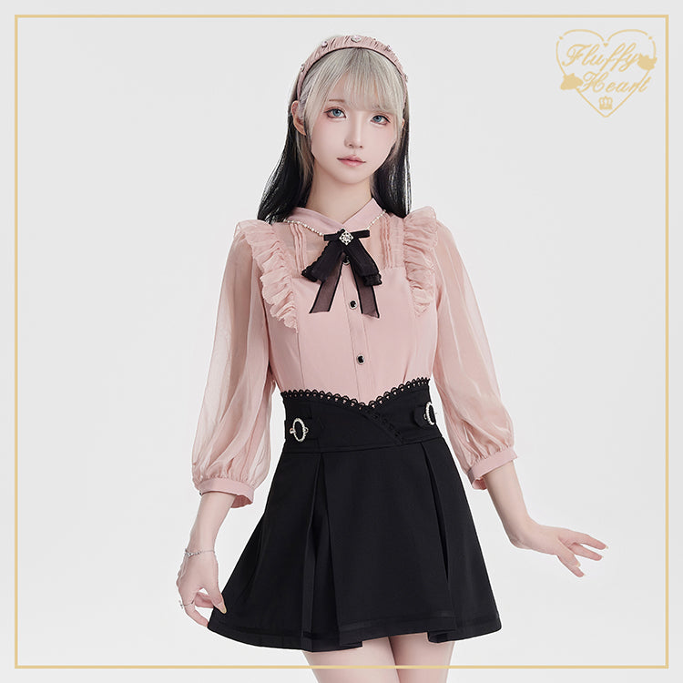 White Pink Jirai Kei Blouse Sheer Lace Shirt with Rhinestone (L M S XL XXL) 32914:403872