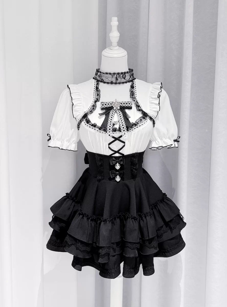 Jirai Kei Heart Lace Collar Blouse, High-waisted Tiered Skirt 45726:862541