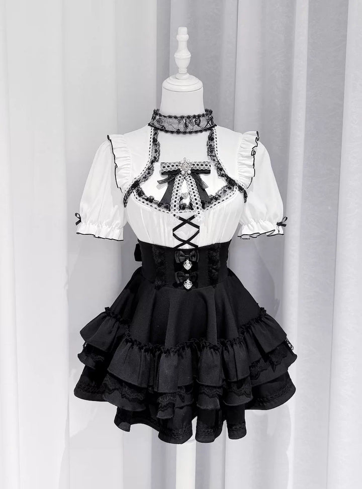 Jirai Kei Heart Lace Collar Blouse, High-waisted Tiered Skirt 45726:862541