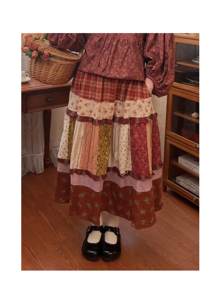 Mori Kei Skirt Retro Plaid Patchwork Floral Long Skirt 41800:713992