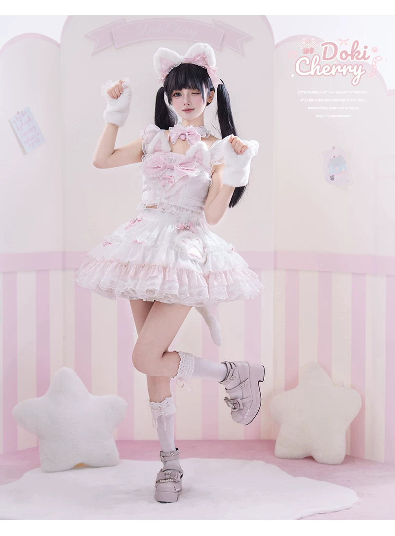 Kawaii Lolita Tiered Skirt Set, Cat Ears & Polka Dot Bow 44958:837113