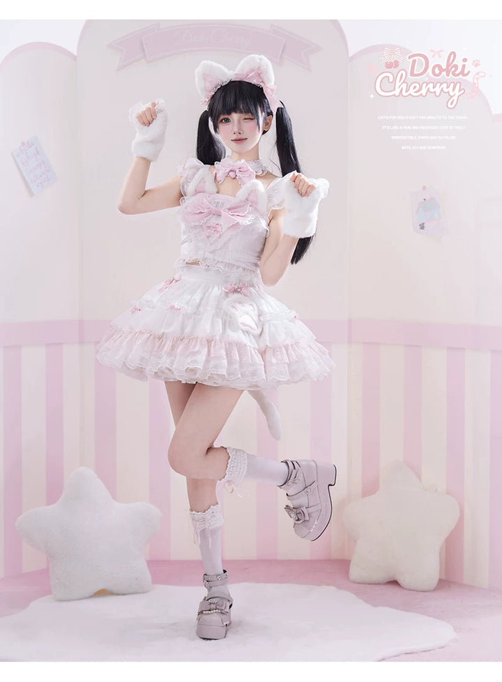 Kawaii Lolita Tiered Skirt Set, Cat Ears & Polka Dot Bow 44958:837113