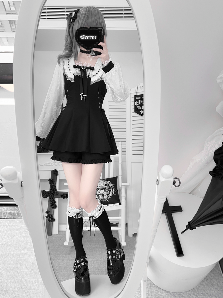 Long-Sleeved Jirai Kei Dress, Pocketed Shorts 43856:787340