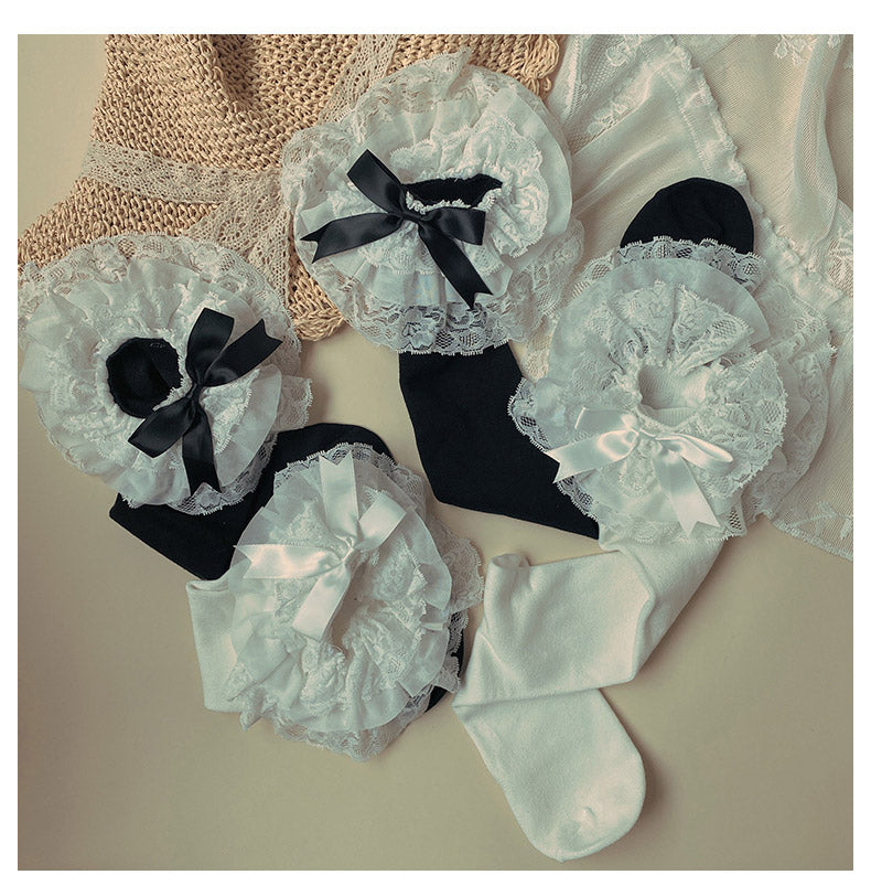 Lolita Socks Layers Lace Frill Cotton Mid-Calf Socks With Bows 42243:733456