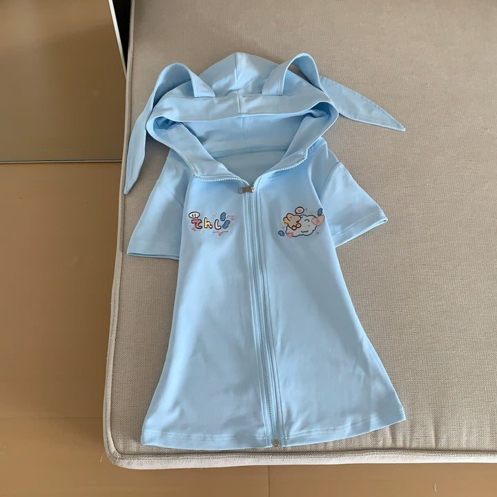 Bunny Eared Kawaii Outfit, Blue Zip Up Sweatshirt + Lace Skirt (L M S) 43560:779918