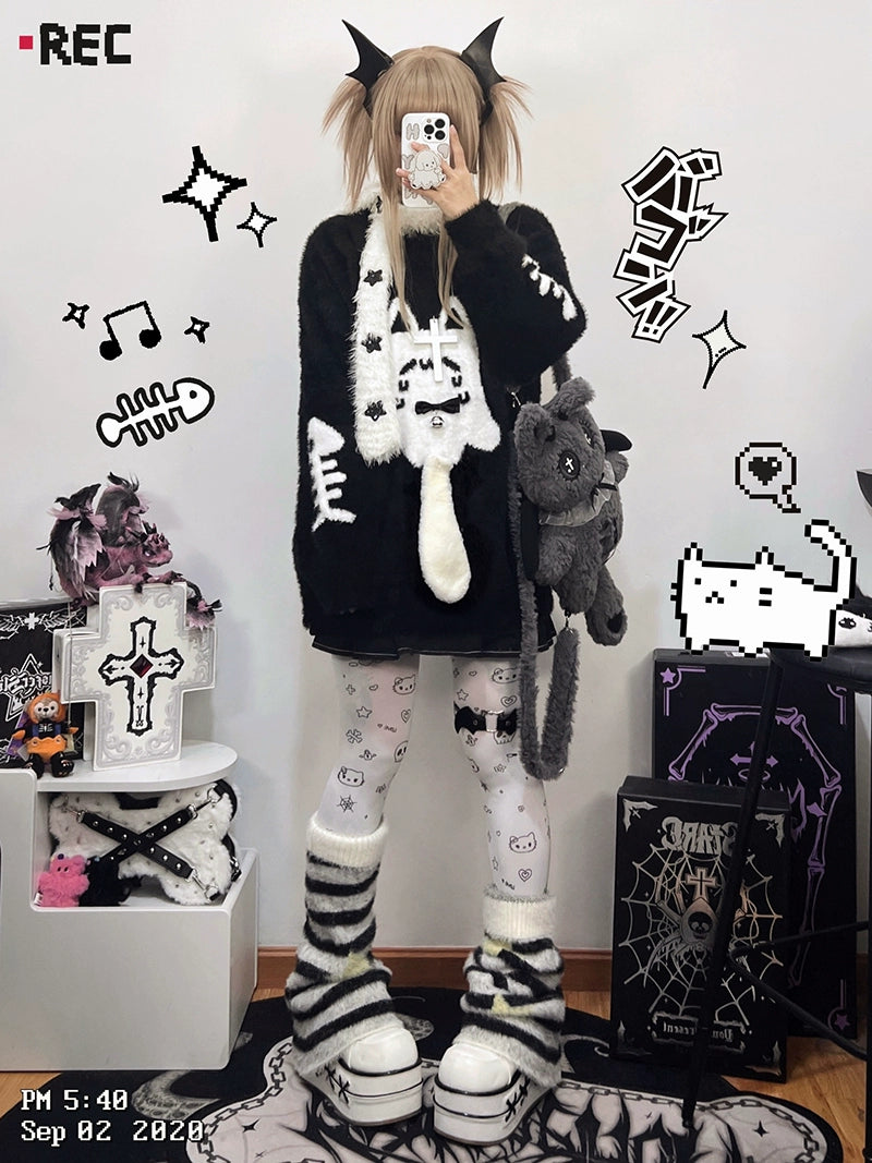 Jirai Kei Sweater Black Ghost Cat Print Couple Sweater 39952:646146