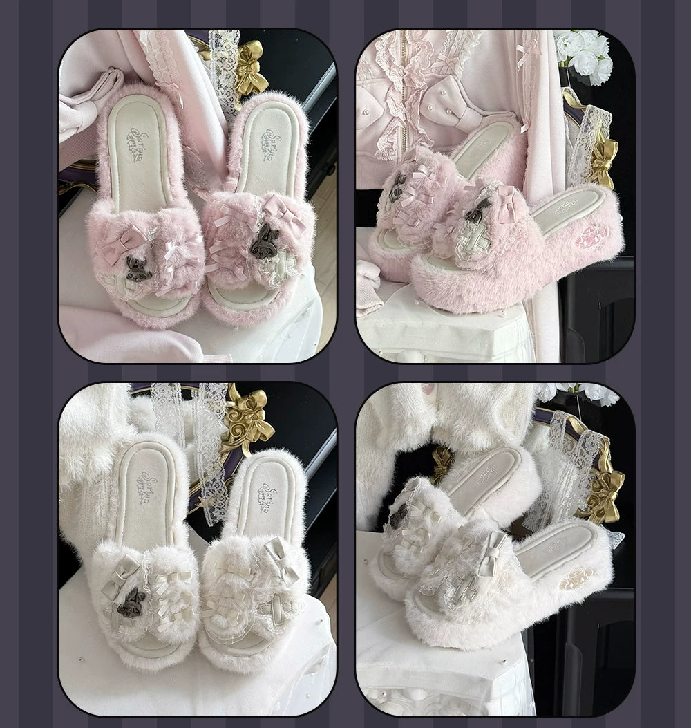 Jirai Kei Plush Wedge Platform Slippers, Bunny & Bow Accents 45959:870515