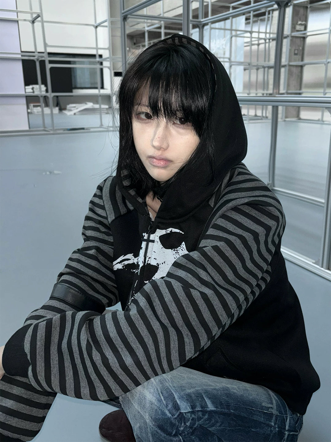 Subculture Hooded Scythe Print Coat, Side Pocket 45269:844179