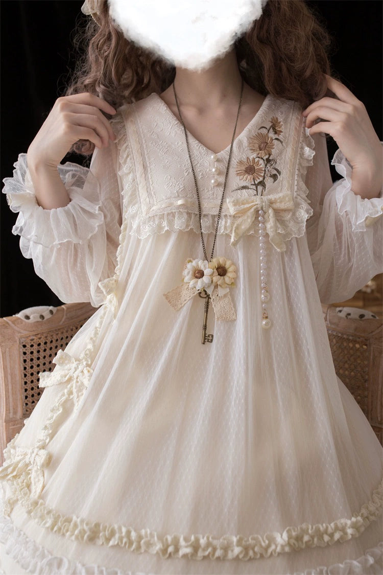 Sunflower Daily Lolita Dress Mori Kei Dress Long Sleeve Dress 36478:552266