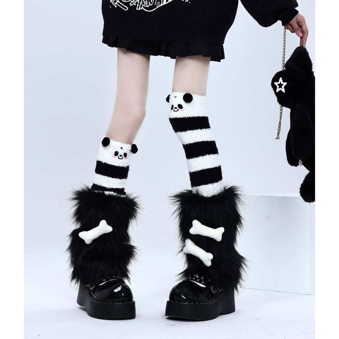 Y2K Socks Black Plush Leg Warmers Striped Knee Socks 39750:640752