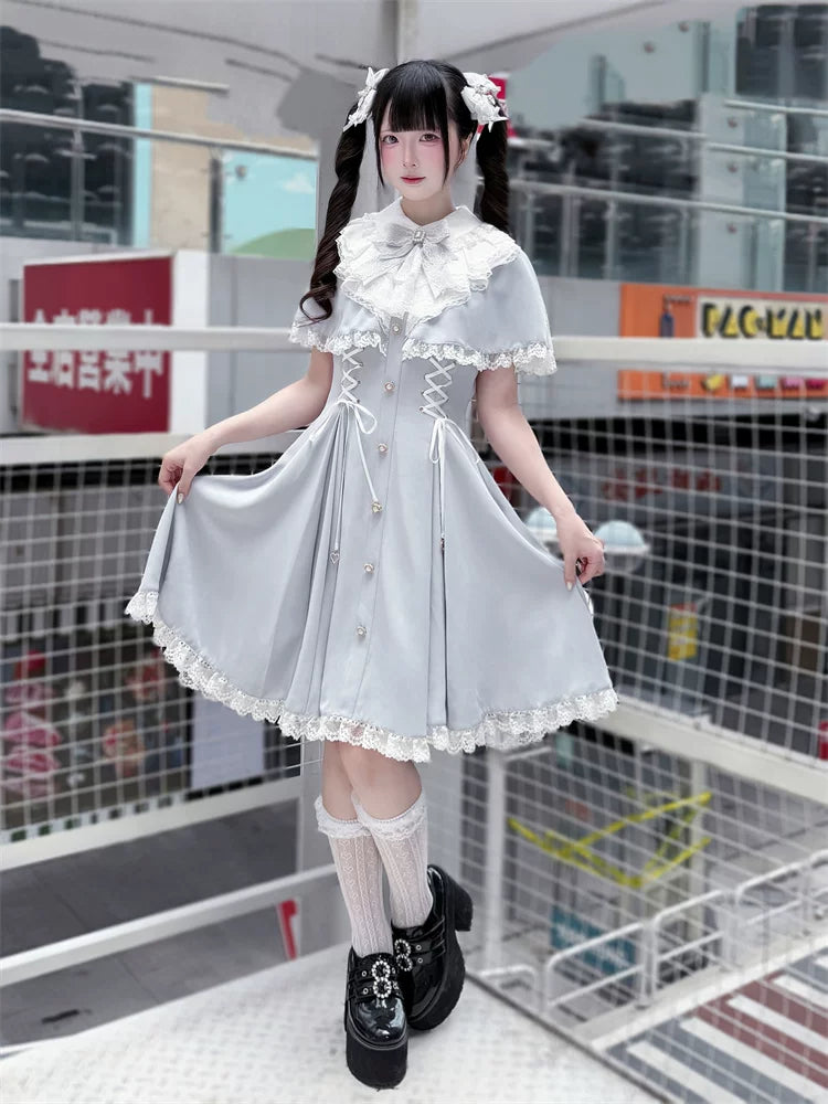 Ryousangata Cape Layered Dress, White & Blue 45573:853435