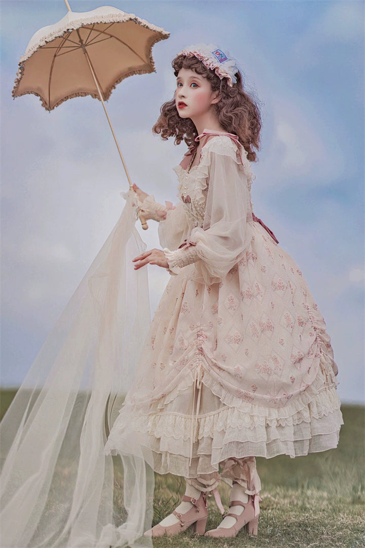 Elegant Lolita Dress Cottagecore Dress Long-Sleeved Beige Dress 36470:515856 36470:515856