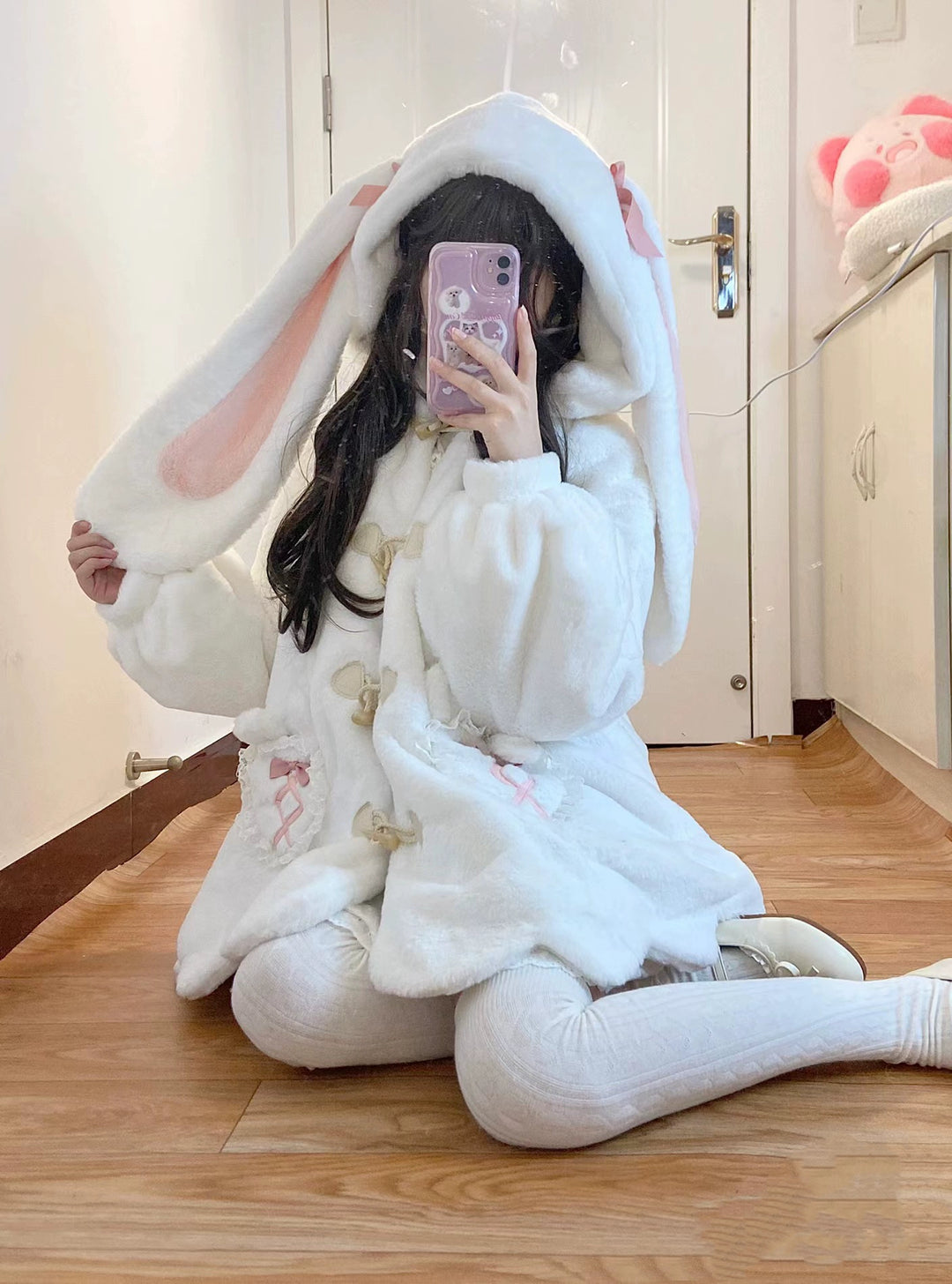 Sweet Lolita Coat White Plush Bunny Ear Winter Coat 40294:678432