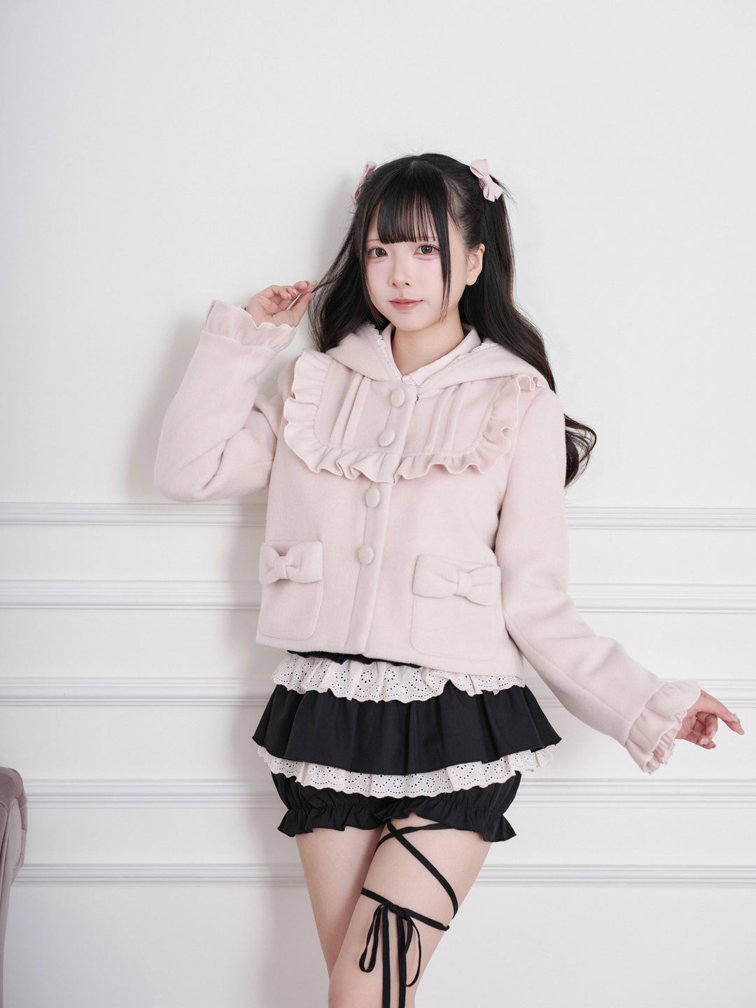 Ryousangata Hooded Solid Coat, Ruffled Neckline 45955:870325
