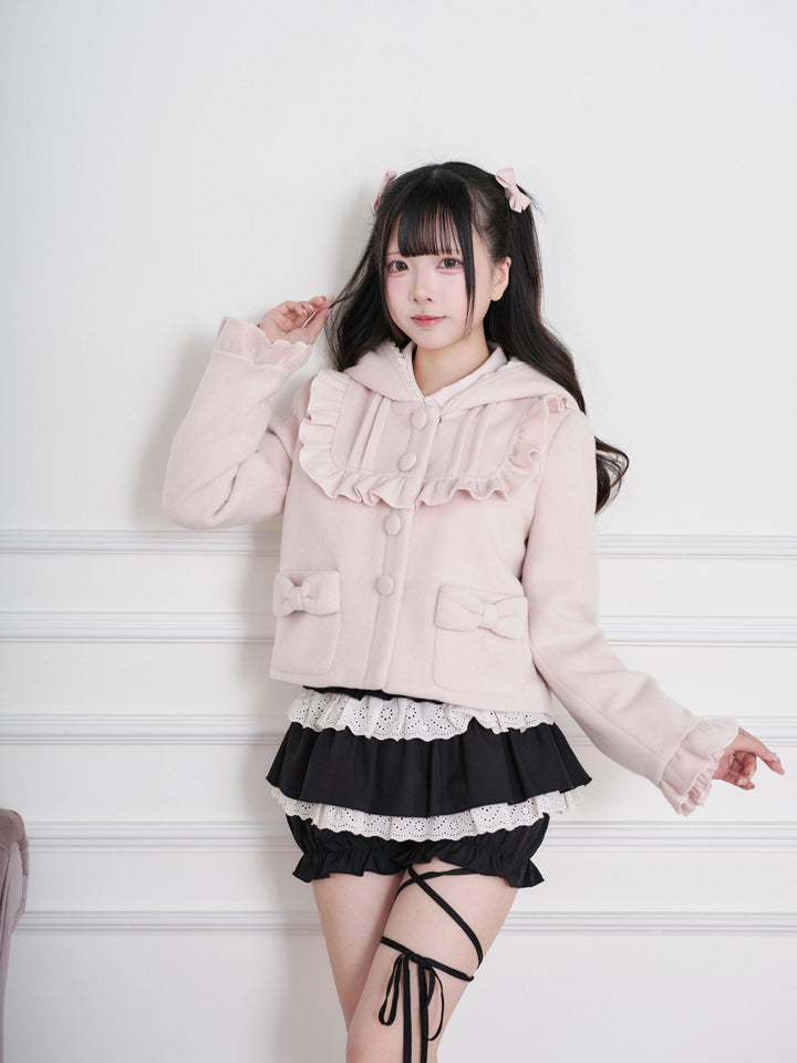 Ryousangata Hooded Solid Coat, Ruffled Neckline 45955:870325
