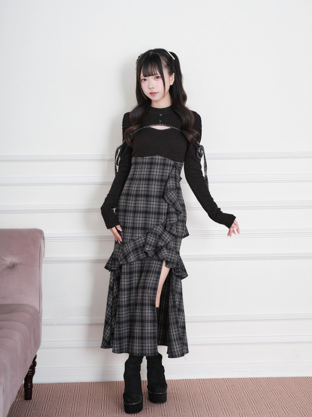 Jirai Kei Plaid Dress, Chest Cutout & Flounce Slit Hem 45956:869330