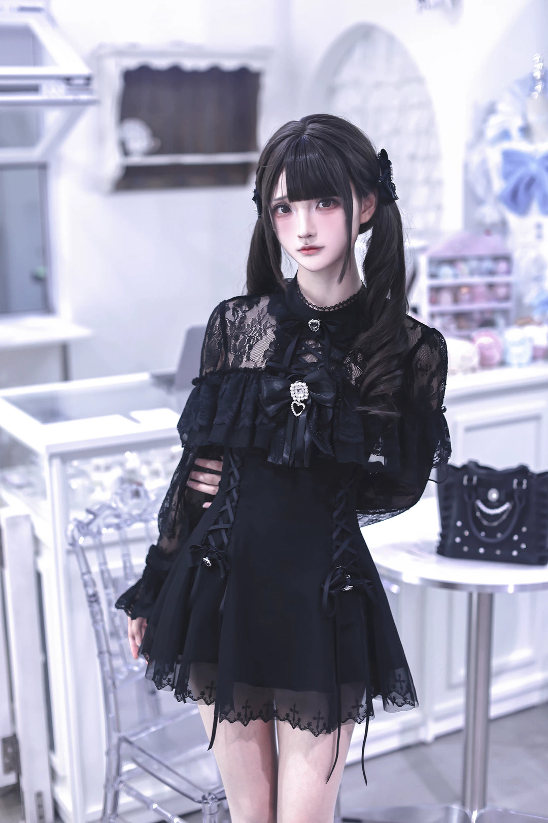 Black Jirai Kei Lace Dress, Cross-detail Hem 45837:864808