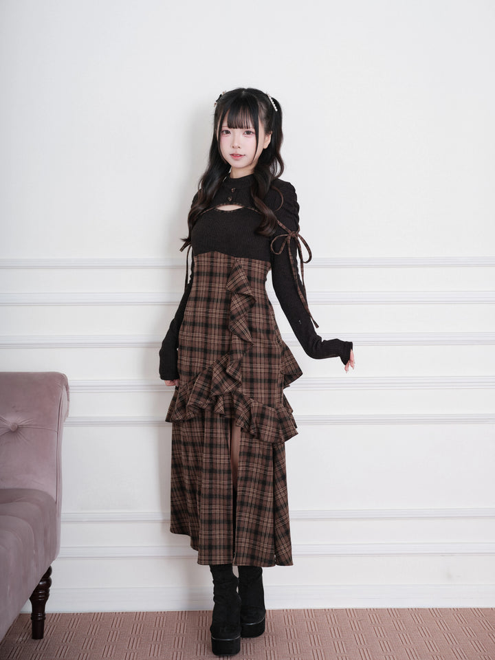 Jirai Kei Plaid Dress, Chest Cutout & Flounce Slit Hem 45956:869326